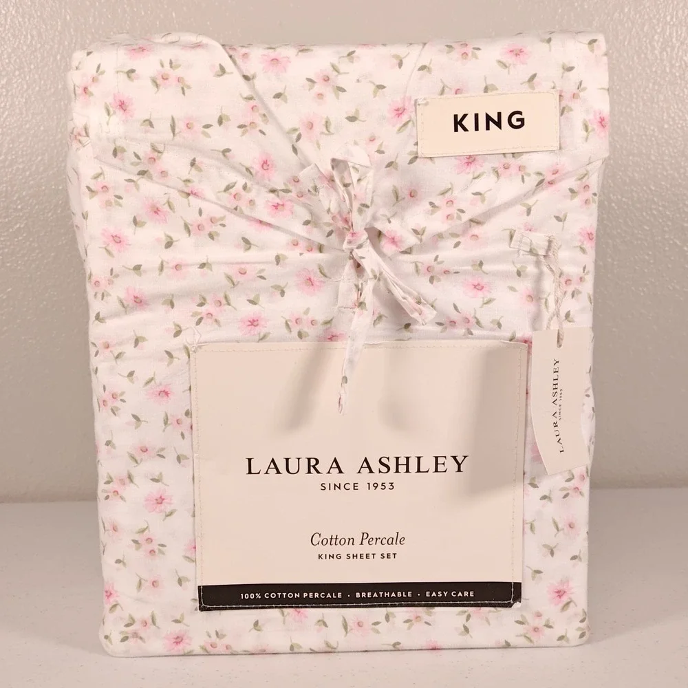 New LAURA ASHLEY King Sheet Set Little Ditsy Pink Floral Cotton Percale 4-Piece
